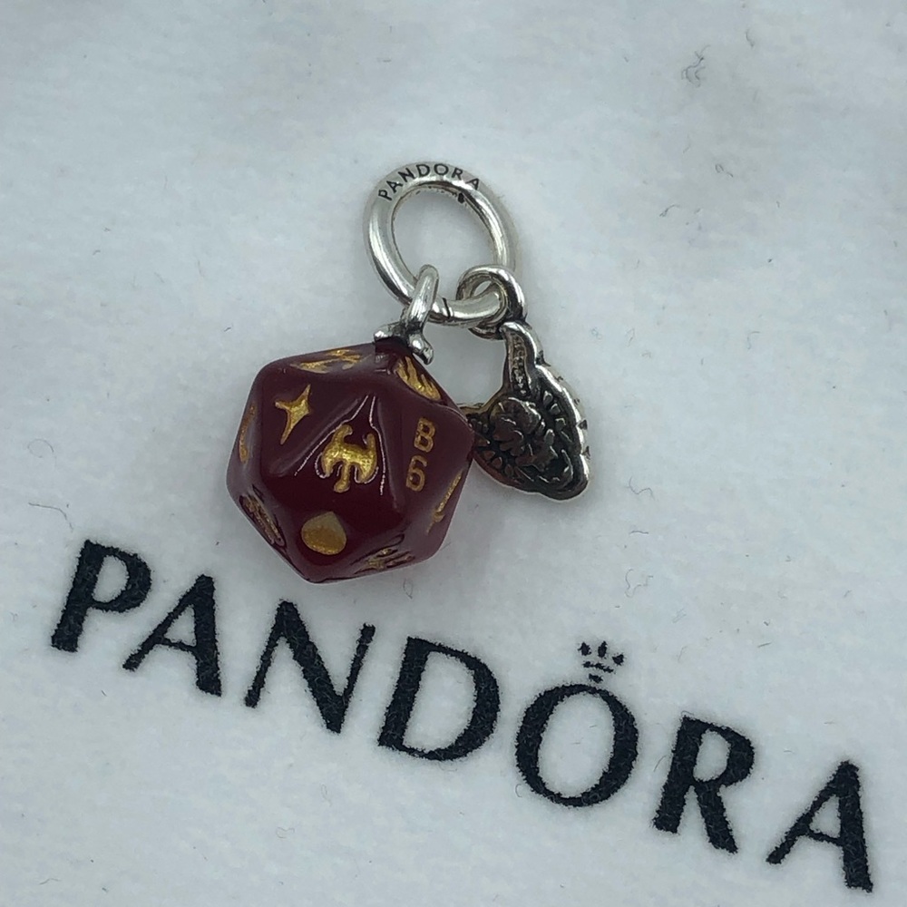 Pandora Burgundy and Gold D20 Charm with Silver Heart Dangle